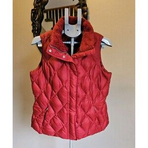 Eddie Bauer EB650 Goose Down Fill Puffer Vest Womens L Red Quilted Sherpa Collar